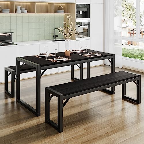 Image of SHA CERLIN Kitchen Dining Table Set for 4 with Benches, Rustic Small Space Saving Dinette, Heavy Duty Metal Frame