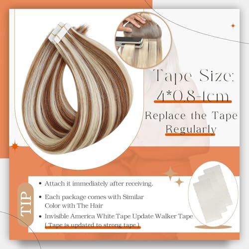 Image of Full Shine Tape in Extensions Color 330 Copper Brown Highlighted 800 Blonde 12Inch Short Double Sided Tape in Hair Extensions Human Hair 30Gram Remy Straight Skin Weft 20Pcs for Women