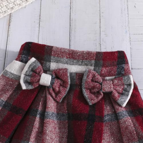 Image of Noubeau Toddler Girls Plaid Outfits Girls Puff Sleeve Knit Ribbed Shirt Tops Plaid Skirt Set Kids Fall Winter Clothes