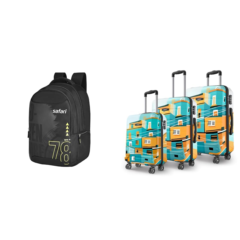 safari Aether 38L Laptop Backpack Bag for Men and Women, Ideal for Office/School/College Boys and + Oasis 55, 65 & 77 Cms Polycarbonate Trolley Bag, Printed Cabin 8 Wheels Spinner Travelling-picture-0