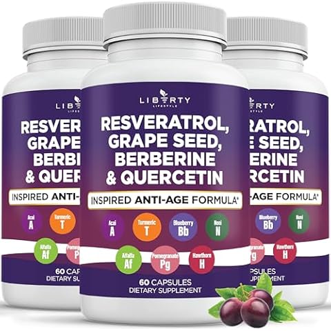 Resveratrol 6000mg Berberine 3000mg Grape Seed Extract 3000mg Quercetin 4000mg - Polyphenol Supplement for Women and Men with Noni Extract, N-Acetyl Cysteine, Acai Extract - 180 Capsules Cover