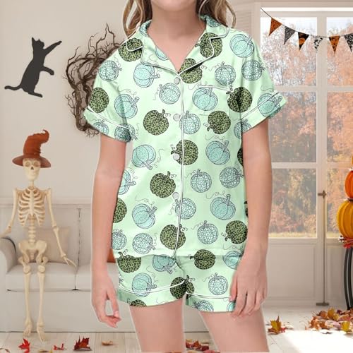 Satin 𝙋ajamas Set for Girl Halloween Skeleton Pumpkin Print 𝙋js 2 Piece Short Sleeve Button-Down Shirt with Shorts2