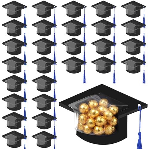 Motiskyy 30 Pack Graduation Cap Candy Card Class of 2026 Grad Party Favor Candy Dome Greeting Card with Tassel Chocolate Holder College High School Graduate Gift Box DIY Supplies(Black Gold)
