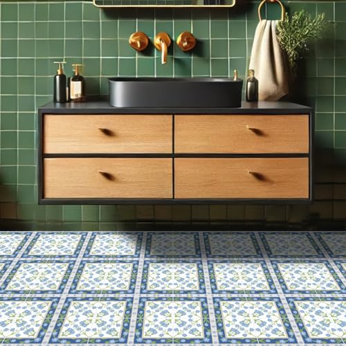 Carreaux de sol amovibles en vinyle floral bleu et vert autocollant - 6