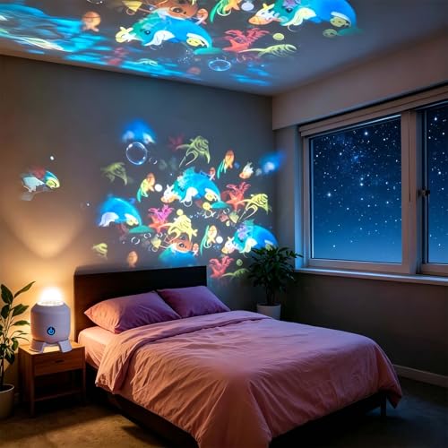 Setsok Dynamic Rotating Led Projector Light USB Rechargeable Ocean/Snowflake/Christmas Stage Adjustable Brightness with Unique Base Design Night Light for Kids Adults Bedroom Party Decor (Ocean)