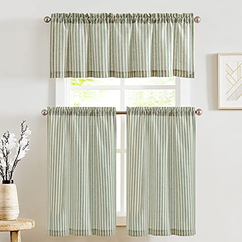 JINCHAN Kitchen Curtains and Valances Set Tier Curtains Striped Linen Curtains Cafe Curtains 36 Inch Living Room Bedroom Bathroom Farmhouse Rustic Country Curtains 3 Piece Set Rod Pocket Sage on Beige