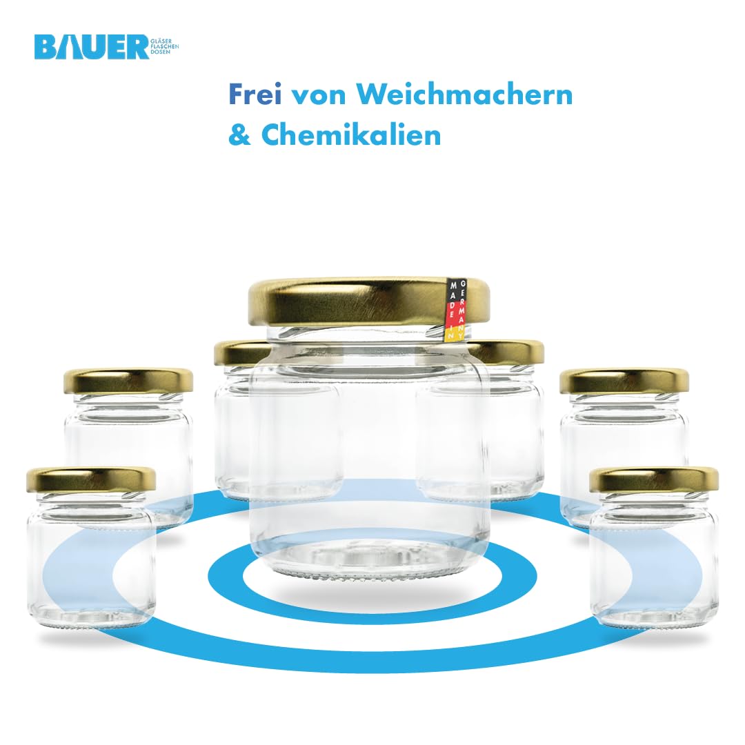 flaschenbauer Set von 24/48/96 Mini Einmachgläser 53ml - Schraubgläser mit Gold-Twist-Off Deckel 43mm, Ideal für Marmelade, Honig, Gewürze, Konservieren & Geschenkideen - 96 Stück