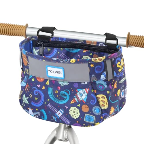 YOKWER Kids Bike Basket Front for Boys Girls Waterproof Bicycle Front Basket Handlebar Bag with Reflective Safety Straps Easy to Install Kids Bike Scooter Accessories (Space)