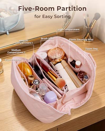Image of Batfield Makeup Pouch Bag for Women, 2Pcs Waterproof Puffer Set with 180 Flat Open, Travel Large Capacity Makeup Bag for Women with Brush Compartment & Handle for Vacation, Business Trip (Pink)