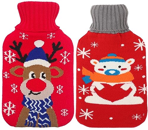2 Stück Wärmflasche mit Bezug, 1 Liter Wärmflaschen Wärmflaschebezug Strickbezug Abnehmbarer und Waschbarer Wärmebeutel mit Gestricktem Bezug...