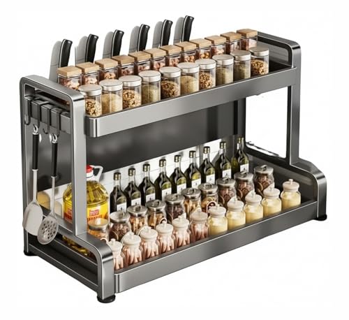 Especiero de acero inoxidable de 2 niveles con soporte, organizador vertical compacto para encimeras y armarios de cocina