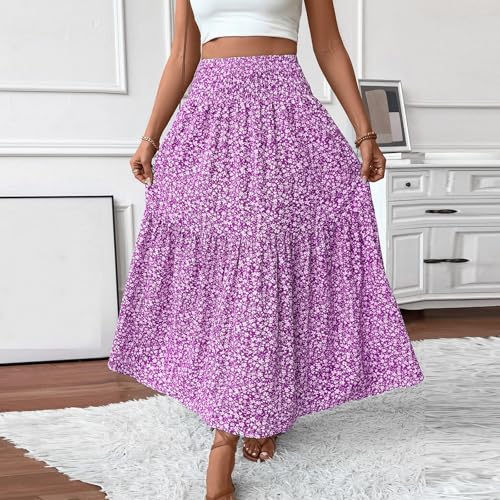 Floral Maxi Skirts for Women Trendy Summer Casual Boho Long Flowy Skirt Smocked Elastic High Waisted A Line Skirt3
