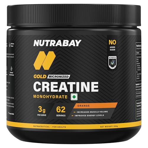 Image of Nutrabay Gold Micronised Creatine Monohydrate Powder 3000 mg Creatine per Serving, NABL Lab Tested - Increases Muscle Mass, Strength & Power - Pre /Post Workout Supplement - 250 g, Orange