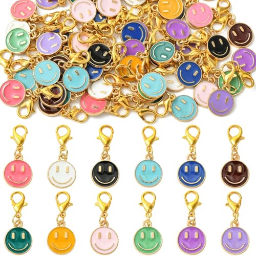 Happy Face Charms - Round Flat Enamel Pendants with Lobster Claw Clasps