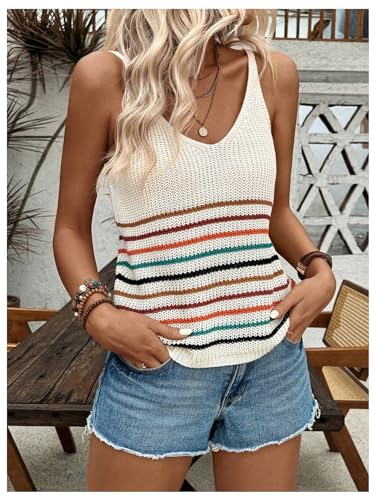 SweatyRocks Women's Colorful Striped V Neck Knitted Cami Tops Sleeveless Spaghetti Strap Tank Tops3