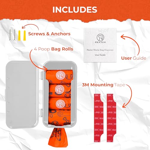 Image of PEXTER Dog Poop Bag Dispenser - Outdoor or Indoor Pet Waste Bag Dispenser Station - Stick-On or Screw-On Wall Mount - Poop Bags Storage Outdoor Container - Includes 4 Doggie Bag Rolls (Gray)