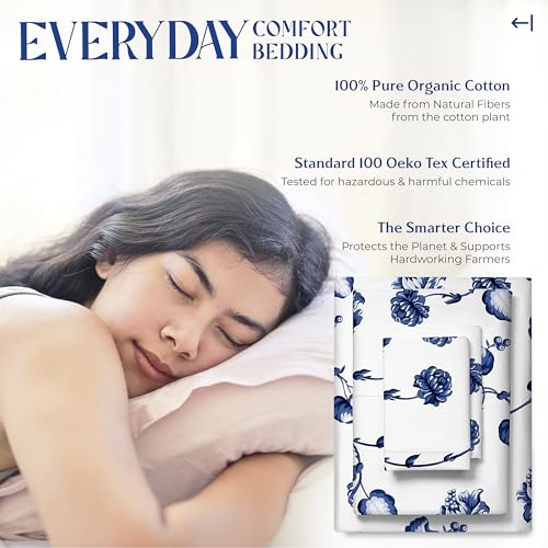 Image of Mayfair Linen Organic Cotton Sheets Twin Size, 16 inch Deep Pocket, Floral Blue