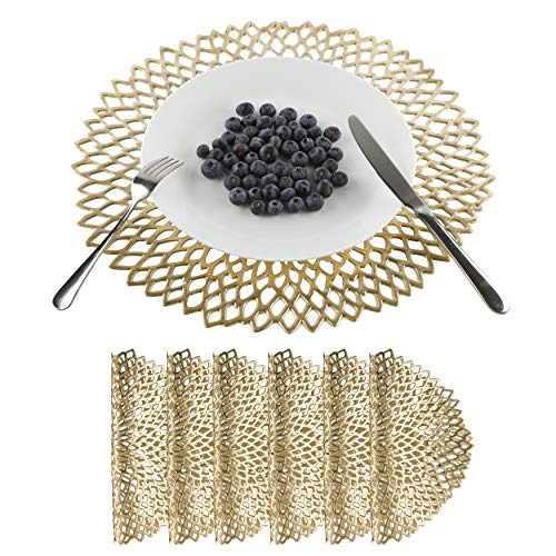 Wingsshop Gold Placemats Set of 6 Metallic Pressed Vinyl Round Dining Table Mats Washable and Wipeable for Party Wedding Decoration