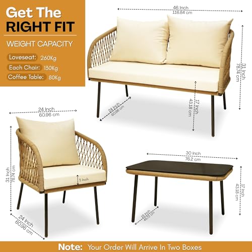 Image of DEVOKO Verde Outdoor Rope 4-Seater Sofa Set with Glass Top Table & Water-Repellent Cushions, Durable Metal Frame, Handwoven Furniture Perfect for Garden, Patio, Pool Deck & Balcony(Beige & Cream)