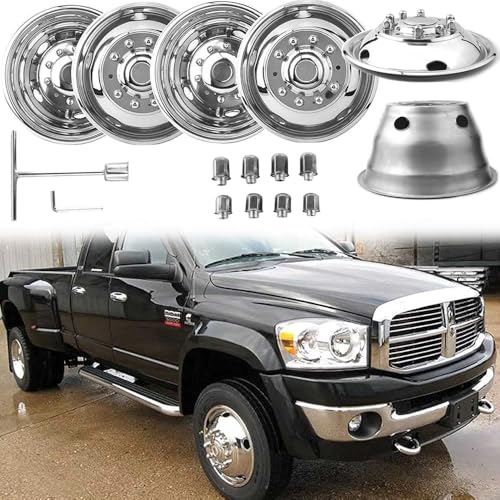 Image of 4pcs 19.5 inch Polished Stainless Steel Dually Wheel Simulator fit for 2012-2025 Dodge Ram 4500 5500 Pickup,10 Lug Hubcaps 5 Hand Hole Bolt On Wheel Cover D19F6
