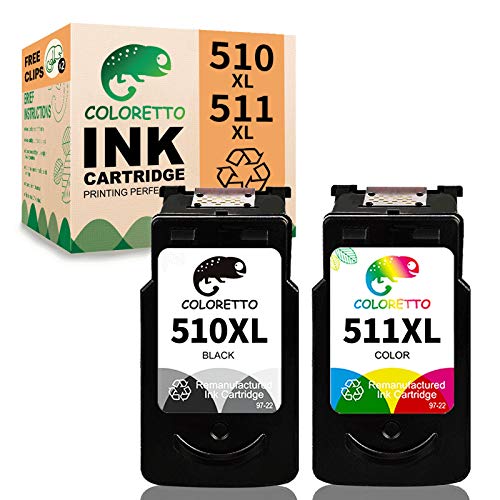 Toner Canon COLORETTO Cartucho de Tinta Remanufacturado para Canon pg-510XL CL-511XL, 510 511 512 513 XL(1 Negro,1 Tricolor) Compatible...