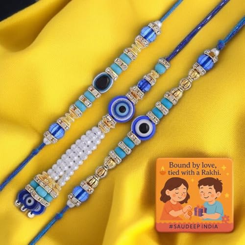Image of Saudeep India Fridge Magnet with Rakhi Combo Gift Set of Evil Eye Lumba Couple Rakhi for Bhaiya Bhabhi & Brother | Travel Souvenir | Refrigerator Magnet