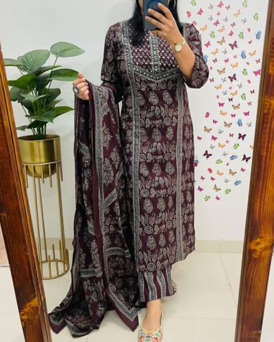 Image of krisjan|Women's Pure Cotton Printed with Handwork Kurta with Pants and Dupatta Set | Ethnic Set | Suit Set | Kurta Set | Wedding Suit Set