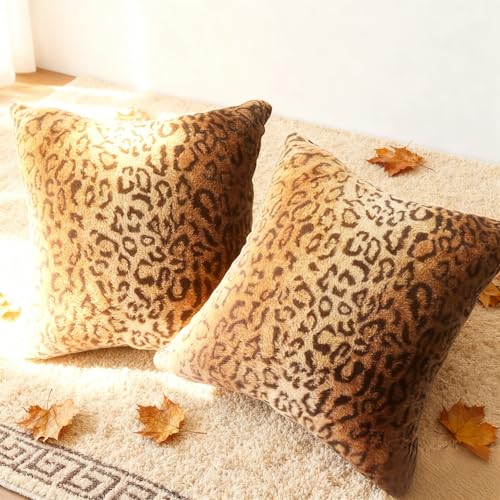 Image of Faux Fur Throw Pillows, Set of 2 Decorative Square Couch Pillow Covers, Leopard Cheetah Print Luxury Soft Plush Animal Pillowcase for Sofa, Bedroom Living Room Decor, 18x18, Brown