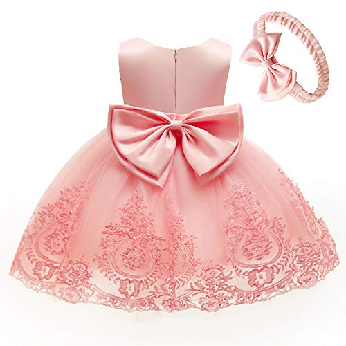 Image of CMMCHAAH 0-6T Baby Girls Pageant Lace Embroidery Dresses Toddler Party Bowknot Tutu Gown Dress with Headwear