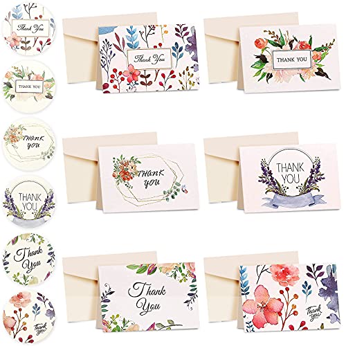 wocpvm Lot de 24 cartes de remerciement avec enveloppes et autocollants pour mariage, anniversaire, Noël, enseignants, Thanksgiving, fête prénatale, 6 styles Cover
