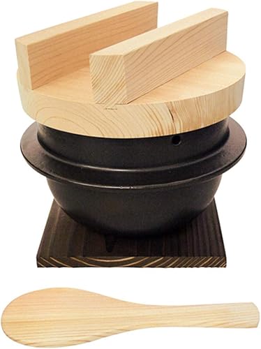 Donabe de cocina de arroz japonés, 3 piezas, con pala de arroz Hinoki