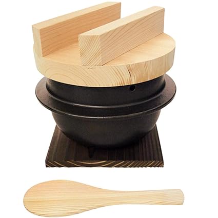 Japanese Rice Cooker Donabe, 3 Go, Set with Hinoki Rice Scoop
