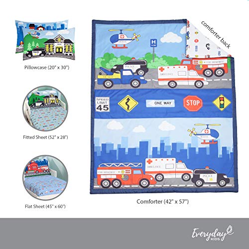 Everyday Kids 4 Piece Toddler Bedding Set -Fire And Police Rescue- Includes Comforter, Flat Sheet, Fitted Sheet And Reversible Pillowcase #TOP7