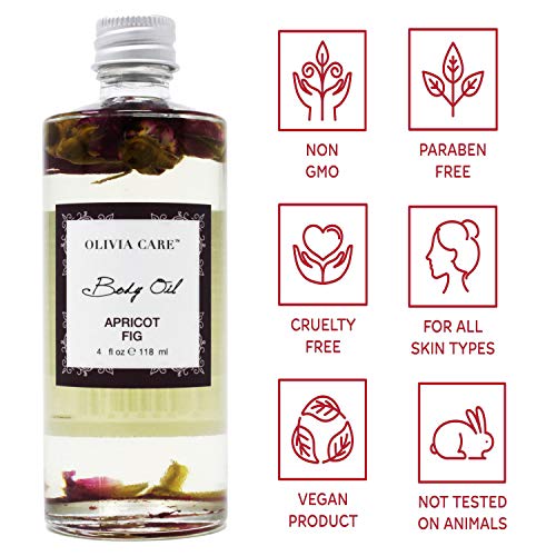 Apricot Fig Body Oil By Olivia Care - Vegan & Natural | Hydrating & Moisturizing - Infused with VITAMIN E, K & Omega Fatty Acids - Refreshing Fragrance - Reduce Dry Skin, Anti-Aging Properties - 4 OZ