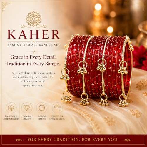 Image of Kaher Kashmiri Glass Bangle with gunghro Set for Women| Traditional, Fancy Glass Chudi Set for Festival, Wedding, and Party (Set Of 16)