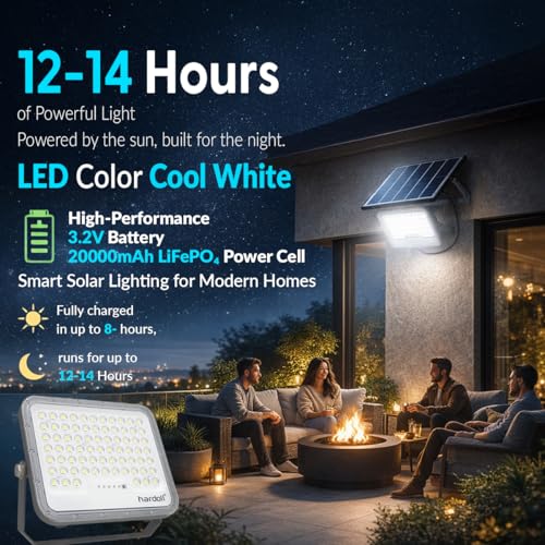 Image of hardoll Solar Flood Light 200W with Remote, Cool White LED, 5M Cable, Waterproof IP65 Aluminium + Lens Body, Replaceable 20000mAh Lifepo4 Battery for Home, Garden, Terrace, Outdoor (Pack of 1)