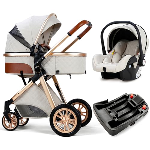 Image of 3 in 1 Baby Travel System Infant Baby Stroller Pushchair High Landscape Reversible Foldable Portable Stroller Newborn Pram Reclining Baby Carriage (with Base Beige)