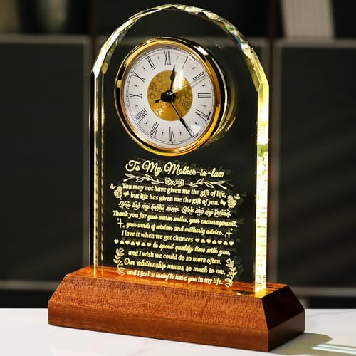 Image of Arikyrist Gifts for Mother in Law Glass Clock to My Mother in Law with Wooden Light Base, Unique Gift Idea for Bonus Mom from Daughter /Son in Law Mothers Day Christmas Birthday Table Decor