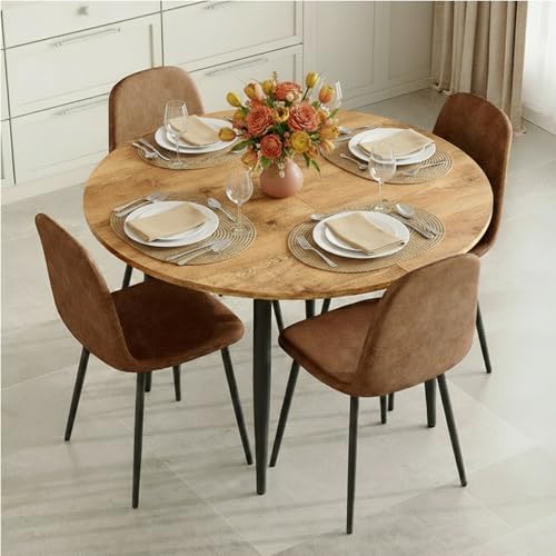 Image of FURNITO Wood Dining Table Set for 4, 42 inch-54 inch Round to Oval Extendable Table with 4 Suede Upholstered Chairs, Space-Saving Contemporary Dining Room Set for Small Apartments or Kitchens, Easy Assembly