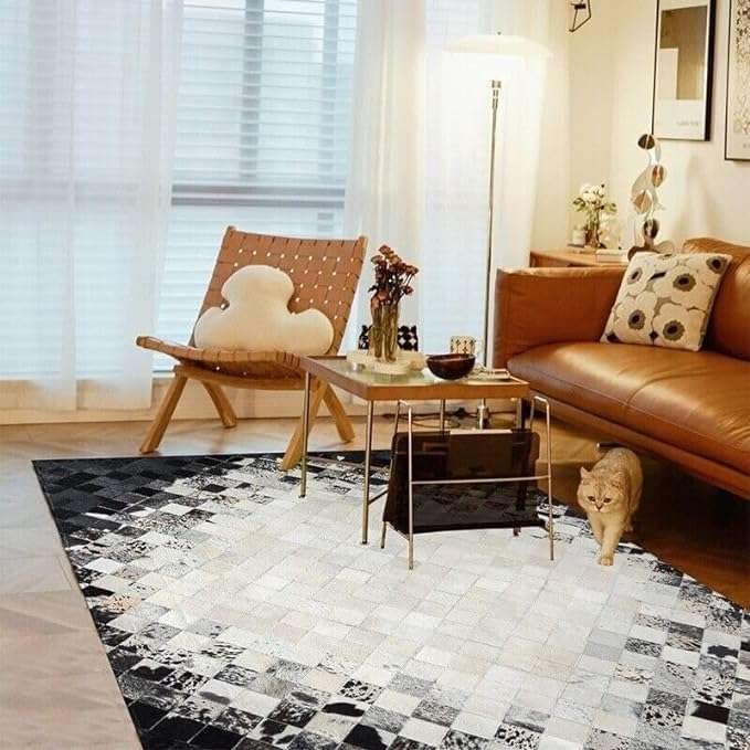 REGAL RUGS 4x6 ft Black & White Rectangle Genuine Cowhide Leather Area Rug – Square Patchwork Carpet for Living Room Bedroom Hallway – Non-Slip Soft
