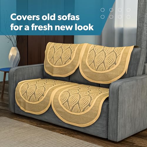 Image of Kuber Industries (Set of 4) Stylish & Durable Net Cotton Sofa Covers 2 Seater | Aesthetic Sofa Protector /Mat & Slipcover for Hall, Living Room & Office | Coconut Bright - Golden