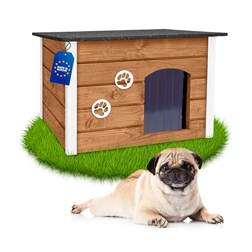 Outentin Hundehütte Outdoor Winterfest - Hundehaus für Mittelgroße Hund - Isoliert und Wetterfest - Hunde Haus für Draußen mit zum Öffnen Flachdach - Stabile und Moderne Villa - 76 x 60 x 60cm -Eiche
