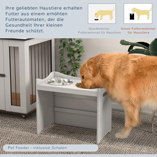 PawHut Erhöhter Hundenapf Höhenverstellbar Futternapf mit Ständer Wassernapf 2 x 2L Edelstahlnäpfen Langsamfutternapf verstellbar Fressnapf Futterstation Hundenäpfe für alle Hundegrößen, Weiß