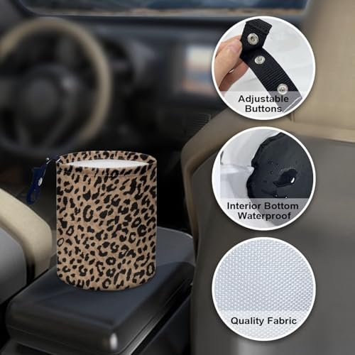 Image of Renewold Car Trash Can, Leopard Print Animal Fur Texture Car Trash Bag, Automotive Garbage Cans with Button Straps, Foldable Trash Bin, Organizer Bag for Storage Tissure Toys Snacks Drinks