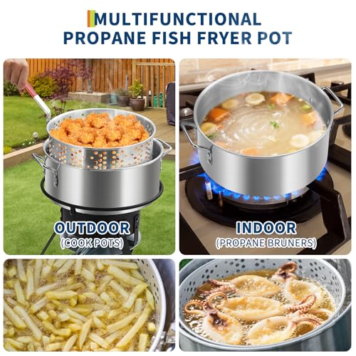 Outdoor Propane Deep Fryer with 58,000 BTU Cast Iron Burner, 11 QT Round Fish Fryer & 6.7 QT Basket, Heavy Duty Steel Rack for Backyard, Camping, Tailgating, Black