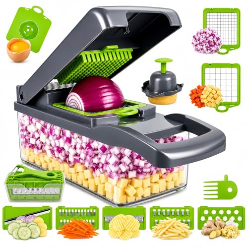 Vegetable Chopper, Onion Dicer & Mandoline Slicer with Container, Grey