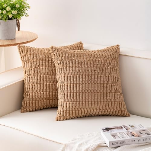 Image of Aegero Pack of 2 Corduroy Decorative Throw Pillow Covers 18x18 Inch, Coffee | Fall Soft Striped Pillow Covers Modern Farmhouse Home Decor Christmas Throw Pillow Covers for Sofa Living Room Couch Bed