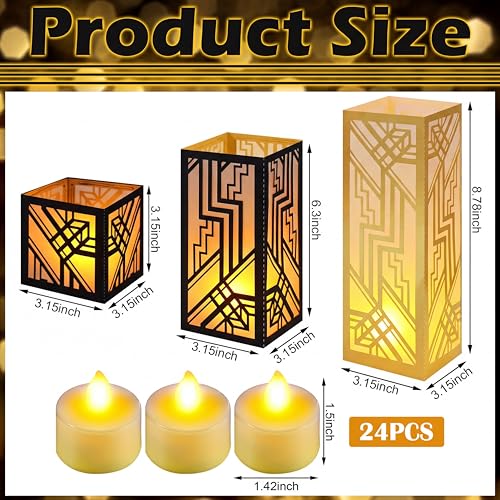 Image of Rossesay 24 Pcs Roaring 20s Centerpieces for Table 3 Size Speakeasy Black and Gold 1920s Birthday Party Decor Lighted Paper Lantern with LED Candle for Vintage Retro Jazz Wedding Speakeasy Party