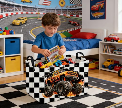 Image of Sanjiaofeng Rectangular Monster Truck Basket for Kids,Baby Storage Bins with Handles for Car Decor,Racing Storage Bin,Cute Toy Storage Organizer for Boys and Girls,Car Room Decor(Racing flag)
