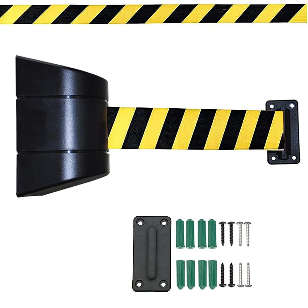 Oudini Black Wall Mounted Retractable Barrier Belt, Safety Cordon Barrier Pull Out Queue Belt, Queuing Safety Tape Cordon For Outdoor Parking Lot Retail Stores Airports/Black/5M